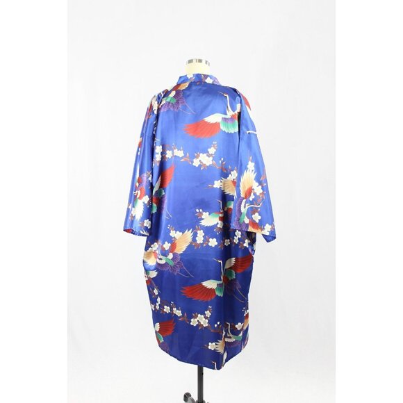 Vintage ICHIBAN Blue Oriental Floral Crane Print Satin Kimono Robe, One Size - Picture 4 of 13